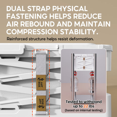 ANTBOX vacuum compression storage box showing a strength test of the storage straps under pulling force