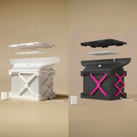 ANTBOX vacuum compression storage box shown in white and black color options