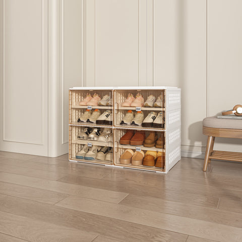 ANTBOX X-Large Foldable Shoe Cabinet 4 Tiers Brown with Clear Doors in home entryway, showcasing 8 pairs of shoes