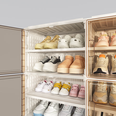 ANTBOX X-Large Foldable Shoe Cabinet Brown with Clear Doors showing left door open, interior shelves and shoe storage details, 4–10 tiers, foldable stackable design