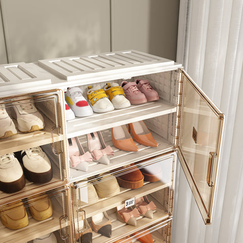 ANTBOX X-Large Foldable Shoe Cabinet Brown with Clear Doors showing right door open, interior shelves, shoes stored inside, foldable and stackable, 4–10 tiers