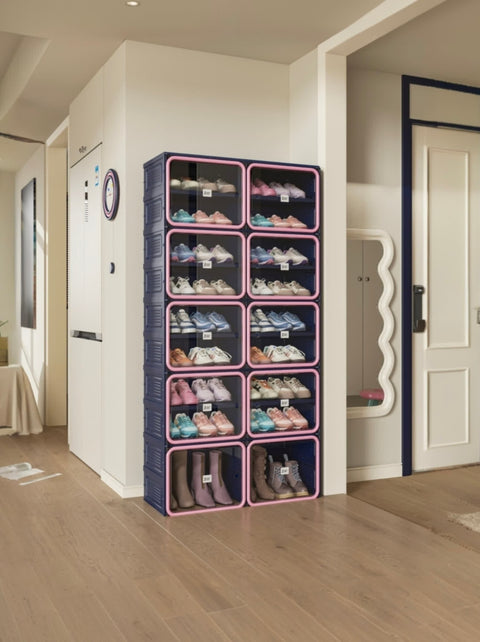 ANTBOX Modular Shoe Cabinet with Pink Door and Blue Frame, Foldable Stackable Organizer for Shoes, Dustproof and Space-Saving