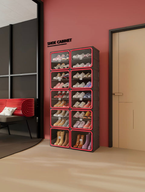 ANTBOX Modular Shoe Cabinet with Red Door and Black Frame, Foldable Stackable Organizer for Shoes, Dustproof and Space-Saving