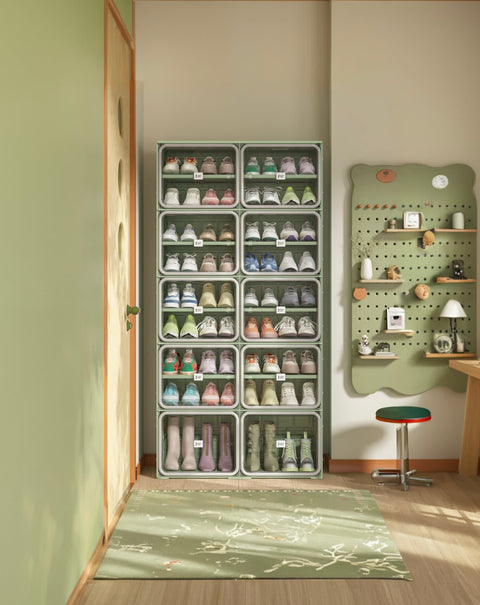ANTBOX Modular Shoe Cabinet with White Door and Green Frame, Foldable Stackable Organizer for Shoes, Dustproof and Space-Saving