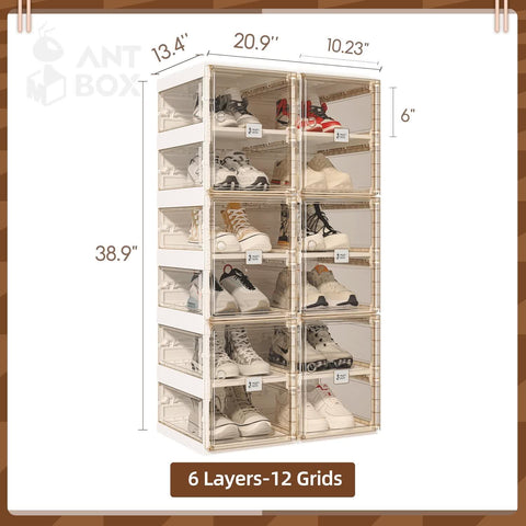 Brown Foldable Shoe Box with Transparent Panels 6 - 10 Tiers for bedroom organization - 3 - min easy setup Foldable Shoe Box / Stackable Shoe Organizer by antbox - storage