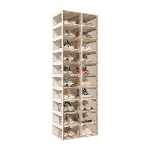 Brown Foldable Shoe Box with Transparent Panels 6 - 10 Tiers for bedroom organization - 3 - min easy setup Foldable Shoe Box / Stackable Shoe Organizer by antbox - storage