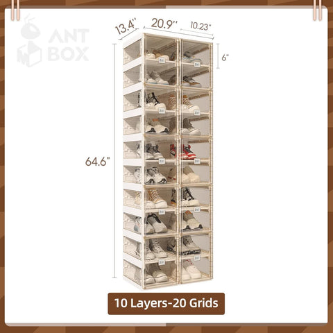 Brown Foldable Shoe Box with Transparent Panels 6 - 10 Tiers for bedroom organization - 3 - min easy setup Foldable Shoe Box / Stackable Shoe Organizer by antbox - storage