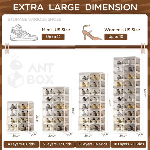 Clear Foldable Shoe Box with Transparent Panels 4 - 10 Tiers for bedroom organization - 3 - min easy setup Shoe Box by antbox - storage