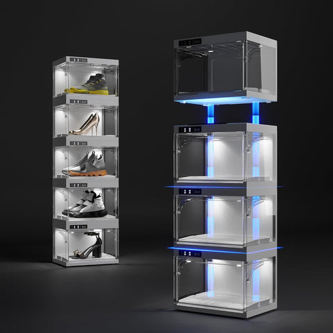 LED Smart Sneaker Display Case Set 4 Pack Stackable for bedroom organization - 3 - min easy setup LED Shoe Display Case Set by antbox - storage