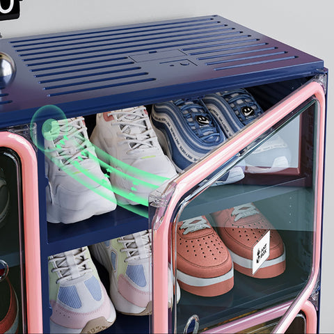 magnetic door detail pink blue shoe cabinet foldable stackable dustproof shoe storage organizer ANTBOX close up