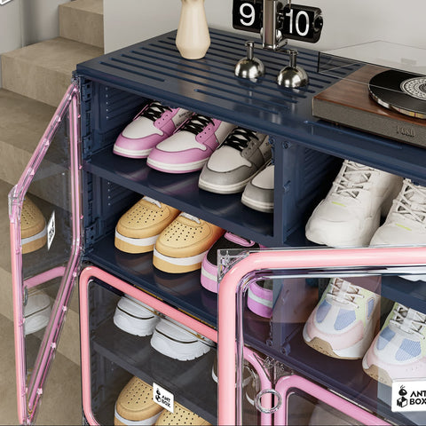 transparent door detail pink blue shoe cabinet foldable stackable shoe organizer dustproof visibility storage ANTBOX