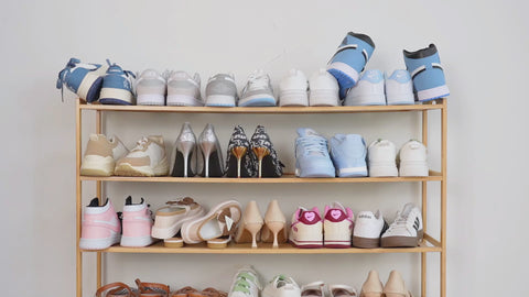 ANTBOX foldable shoe cabinet compared with a standard shoe rack showing superior storage capacity, modular stacking, and space-saving design