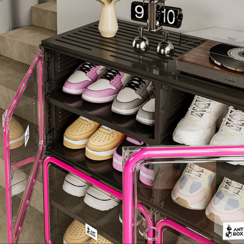 transparent door shoe cabinet detail red black foldable stackable shoe organizer dustproof visibility storage ANTBOX