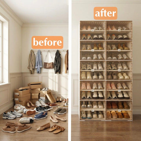 Before and after shoe storage with an X-Large cabinet organizing up to 40 pairs